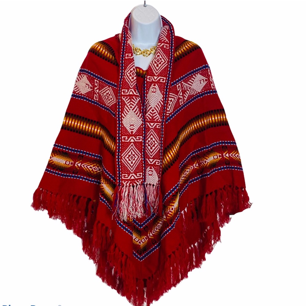 VINTAGE Made in Equador Red Aztec Tribal Cape